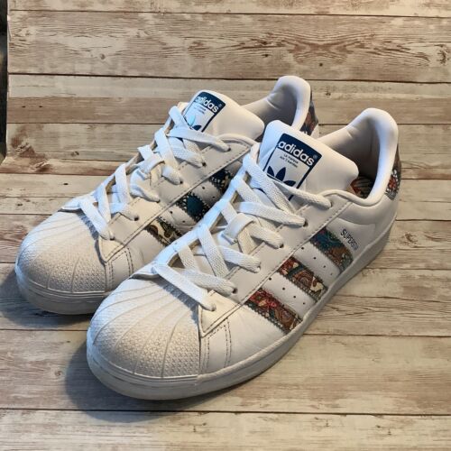 Adidas Superstar Women’s Size 7.5 Black White Sneakers Art Floral Print Shoes