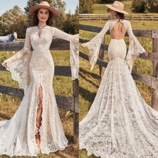 Boho Mermaid Wedding Dress O-Neck Flare Sleeves Lace Applique Beach Bridal Gowns
