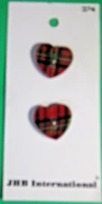 (2) JHB 3/4" HEART-SHAPE RED GREEN PLAID PLASTIC 2-HOLE NOVELTY BUTTONS-E328