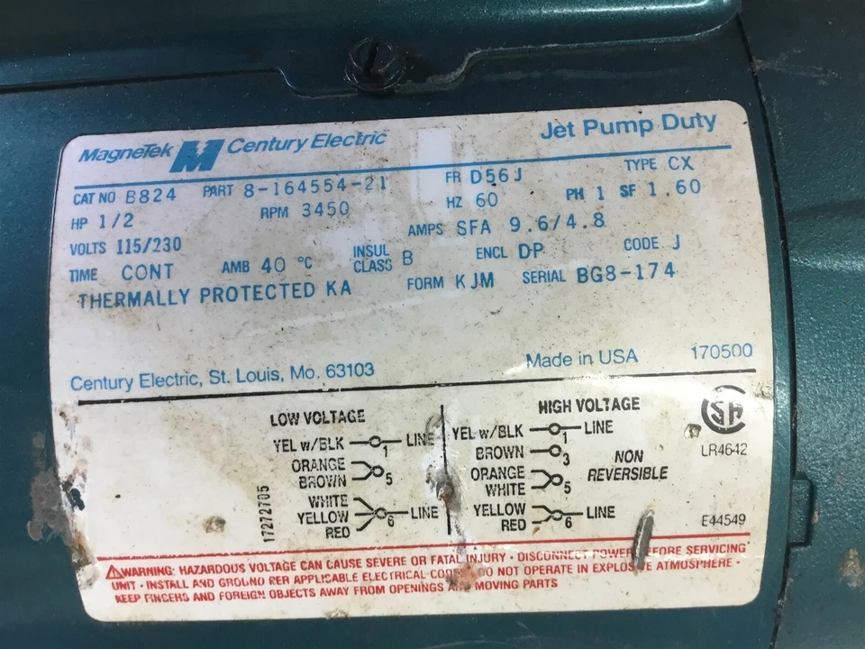 Magnetek 8-164554-21 1/2 Hp Pump Motor 115/230 V 3450 Rpm 2P 56J Single Phase - Image 4 of 4