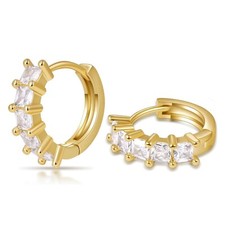 Square Princess Cut Yellow Gold 925 Sterling Silver Hoop Earrings Men Women