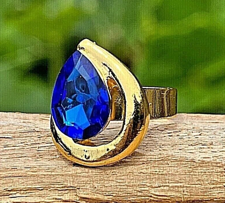 Faux Blue Sapphire Teardrop Gold Plated Adjustable Stainless Steel