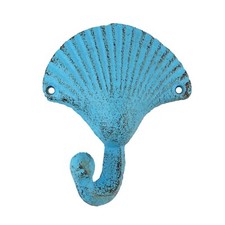 Seashell Wall Hook Rustic Blue Nautical Key Towel Coat Hanger Cast Iron