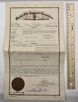 Philippines 1967 Capital Life Assurance Corporation Policy.Used.