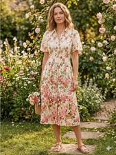 Floral Button-Front Midi Dress in Cream and Pink Size M