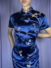 VTG Blue Satin Cheongsam Maxi Dress Size L Floral Mandarin Collar Qipao Silk