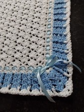 Handmade NEW crochet baby blanket White w/Blue trim  ribbon Afghan Shells Sq.