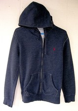 Polo Ralph Lauren Hoodie Indigo Denim Blue Knit M Full Zip Pockets Raw Edge