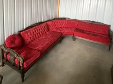 Vintage Gothic Carved Wood Witco Styled Red Velvet Sectional Couch
