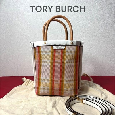 TORY BURCH Perry 2way Logo Plaid Mini Handtasche Crossbody Weiß Orange Gelb