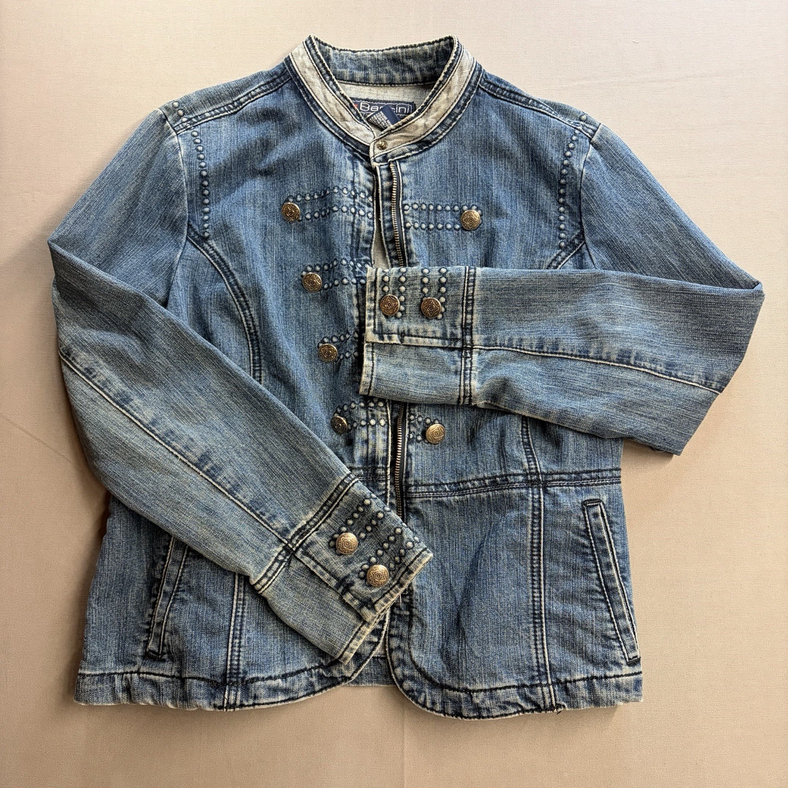 Women’s Baccini Blue Studded Denim Jacket Zip/Button Long Sleeve Size XL