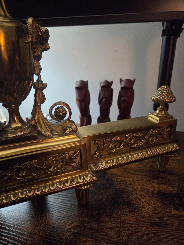 ANTIQUE CHENÈTS ANDIRONS BOUHON FRÈRES 22K GOLD GILDED FIREPLACE DECOR - Image 3 of 4