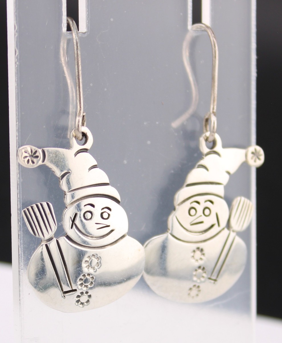 Sweet Vintage Mexico Sterling Silver ⛄ Snowman Dangle Pierced Earrings View 2