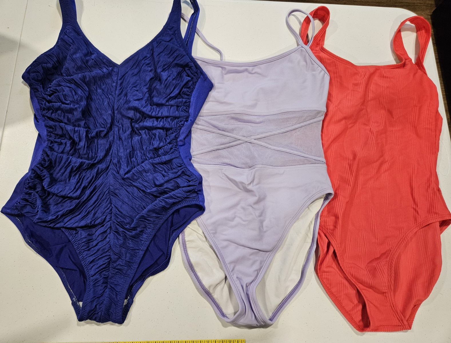 Women’s L One-Piece Swimsuit Lot (3) Solid Wide Strap Ribbed Ruched Stretch