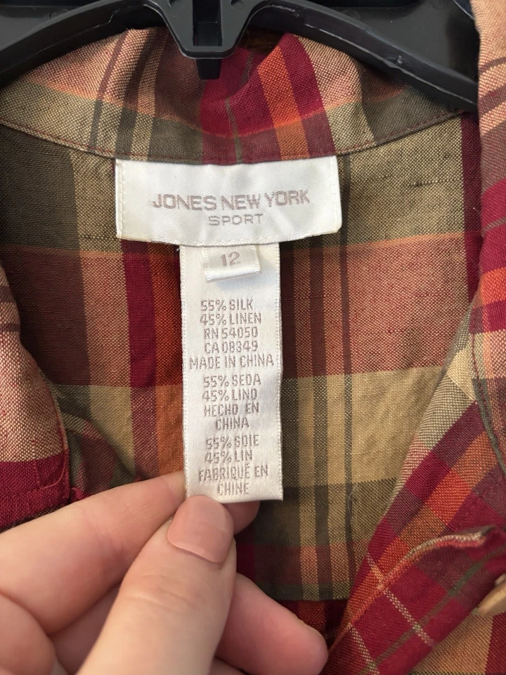 复古 90 年代 Jones 纽约丝绸亚麻格子迷笛衬衫连衣裙 12 秋季 Lagenlook — 第 2/4 张图片