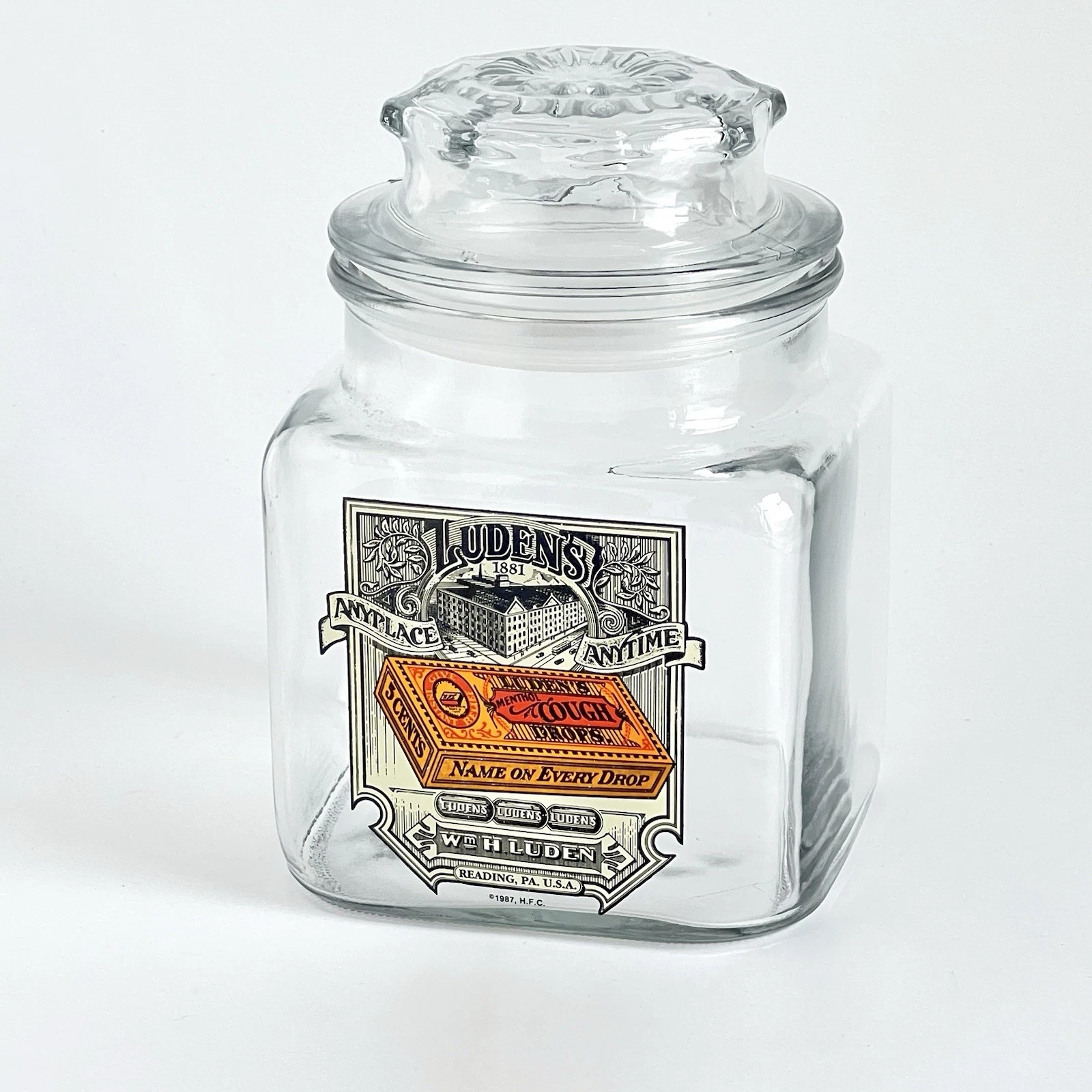 Vintage Luden's Cough Drops Glass Apothecary Jar Canister Store Display w/Lid