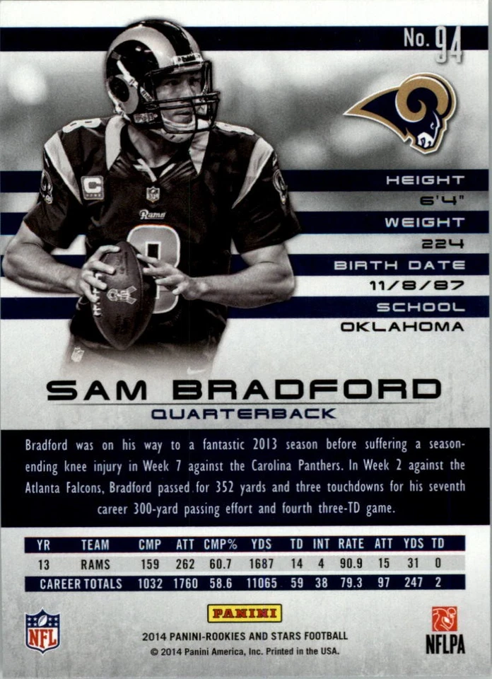 2014 Rookies and Stars Longevity Ruby #94 Sam Bradford FB - Image 2 of 2