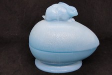 Vallerysthal Glass Co's Opaque Blue Rabbit On Egg Covered Dish