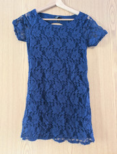 Topshop Blue Floral Lace Shift Dress, Round Neck, Short Sleeve, Cut-Out Back, 10