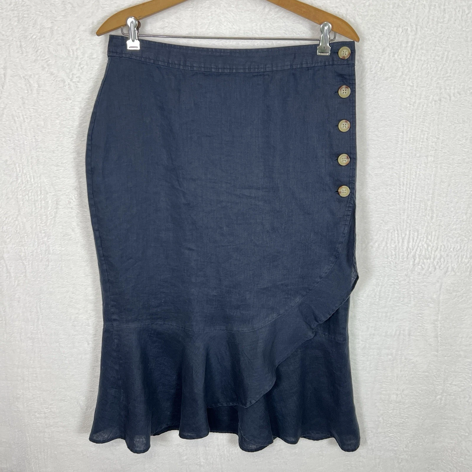 Lauren Ralph Lauren Midi Wrap Skirt Women’s 10 Navy Blue Ruffled 100% Linen