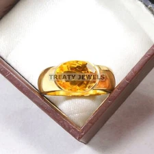 Citrine Oval Cut With 925 Sterling Silver Gold Plated Ring For Men's #A958