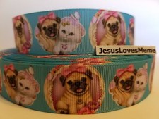 Grosgrain Ribbon Adorable Pug Dog Puppy White Kitten Cat Butterfly Hair Bow, 1"