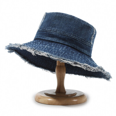 Women Trendy Distressed Denim Bucket Hat with Raw Edge Outdoor