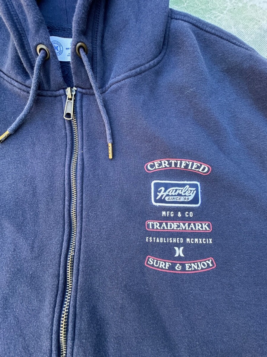 Vintage Hurley SURF & ENJOY Men's Blue Full Zip Hoodie Size XXL
