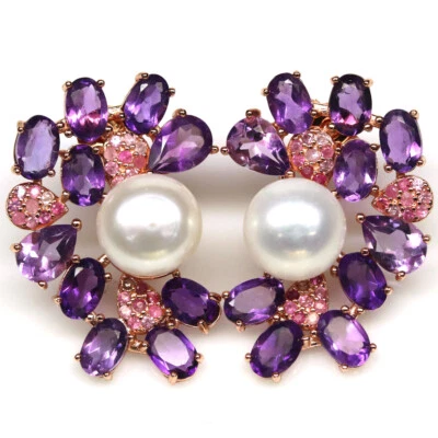 925 Sterlingsilber 9 Mm Weiße Perle, Amethyst & Saphir Ohrringe Weihnachten - Bild 1 von 4