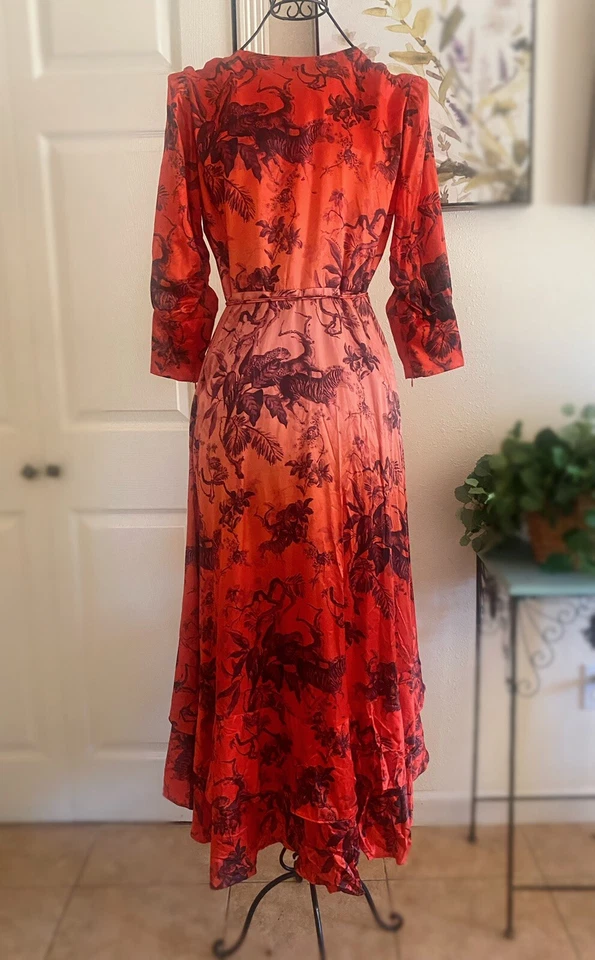 AllSaints Dress Wrap Midi Asymmetry Hem Tropical Forest Pattern Silk Blend Sz 6 - Image 4 of 4
