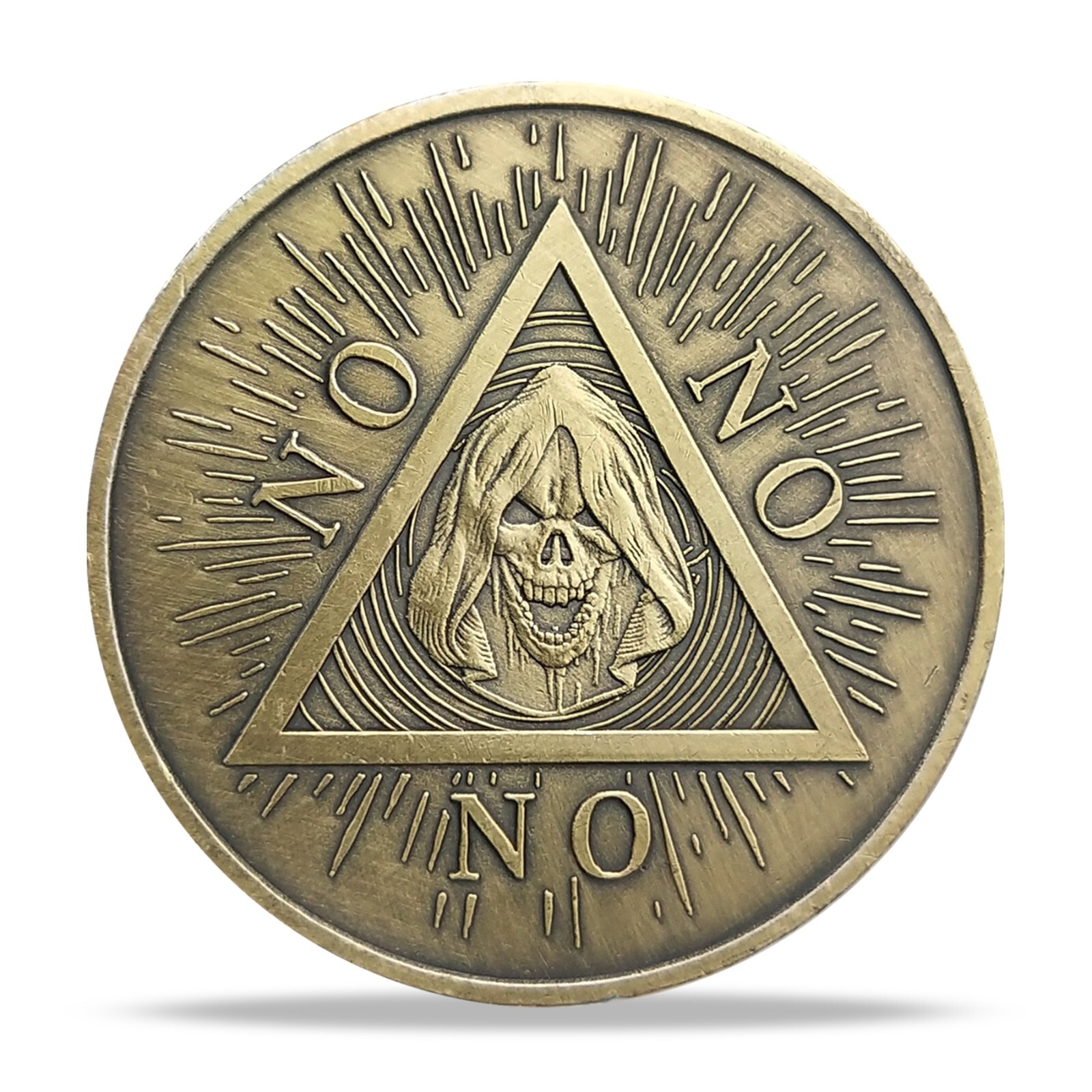 Yes No Flip Decision Challenge Coin with All-Seeing Eye and Grim Reaper Design