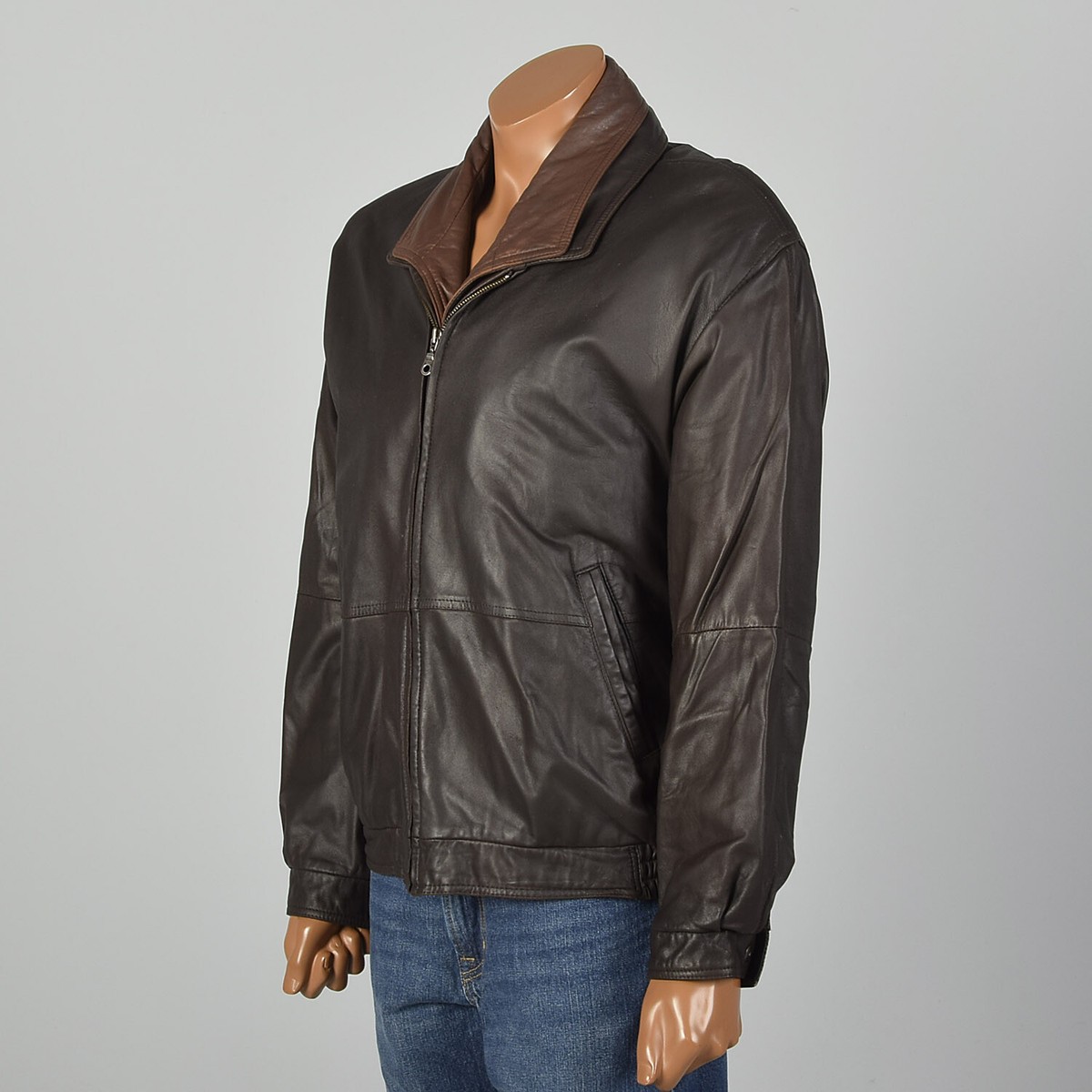 L Mens Remy 90s Leather Jacket Chocolate Brown Removable Placket 