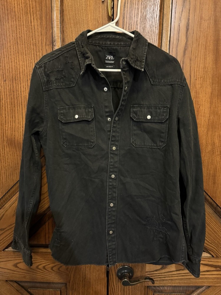 Zara Distressed Black Denim Overshirt Jacket Size M  