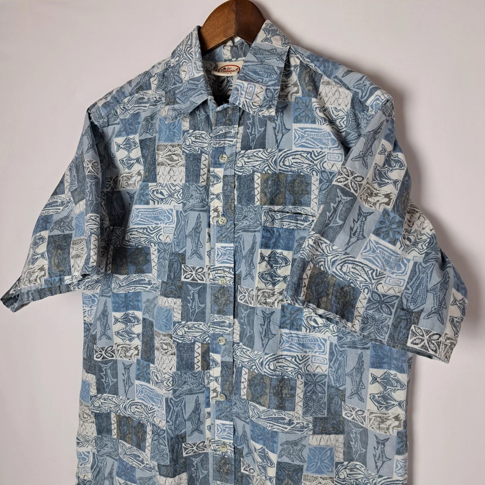 Camisa Hawaiana Go Barefoot De Colección Para Hombres Grande Azul Abotonada S/S Pez Tribal EE. UU. Foto 4 de 4