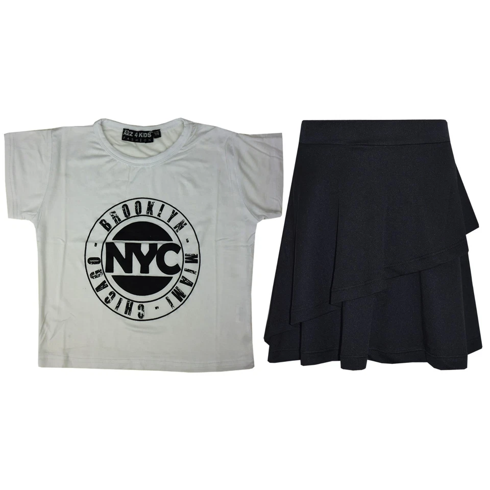 Enfants Filles Hauts Nyc Court Blanc & Double Couche Patineuse Jupe Set 7-13 Ans - Photo 1/1