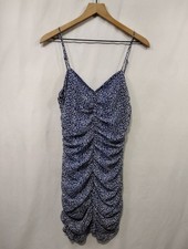 Lulu's Floral Ruched Spaghetti Strap Mini Dress Womens M Blue White Retro 90s