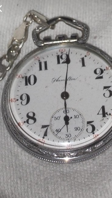 Hamilton 974 Railroad Grade 17 Jewels Pocket Watch Silver Case Chain White Dial