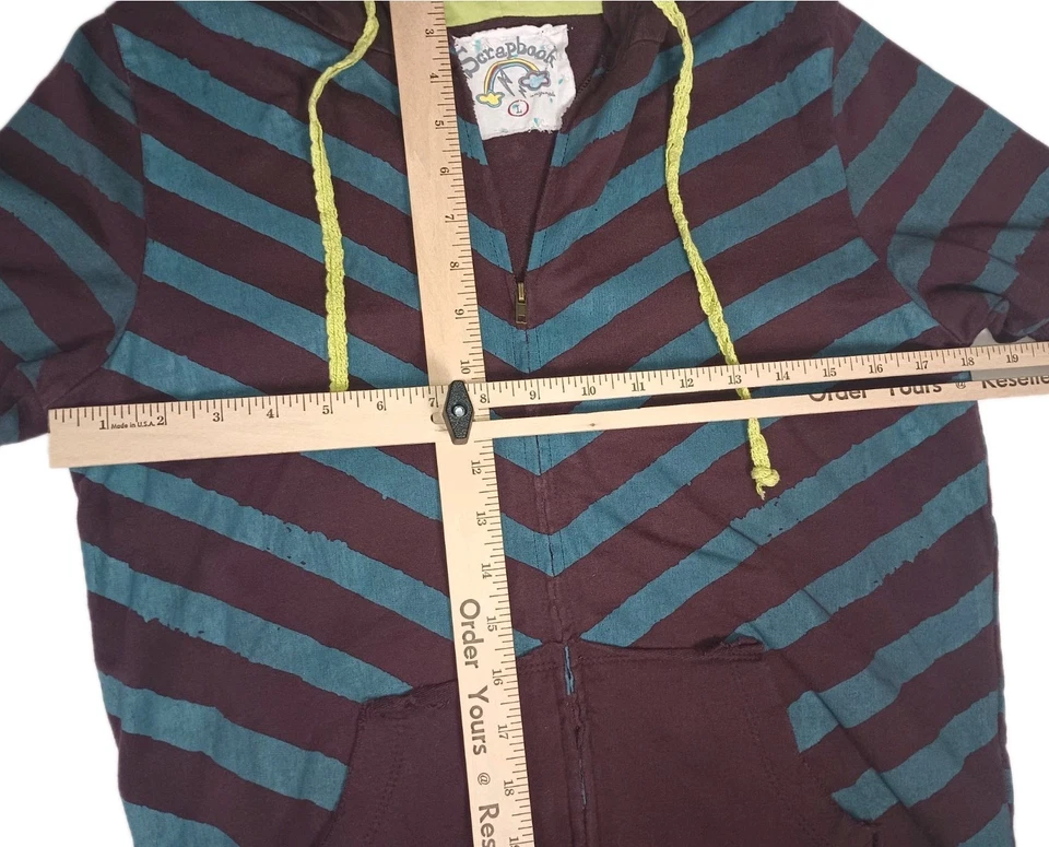 Y2K Scrapbook Originals Anthropologie Rayas Cremallera Sudadera con Capucha Verde azulado Borgoña LEER Foto 4 de 4