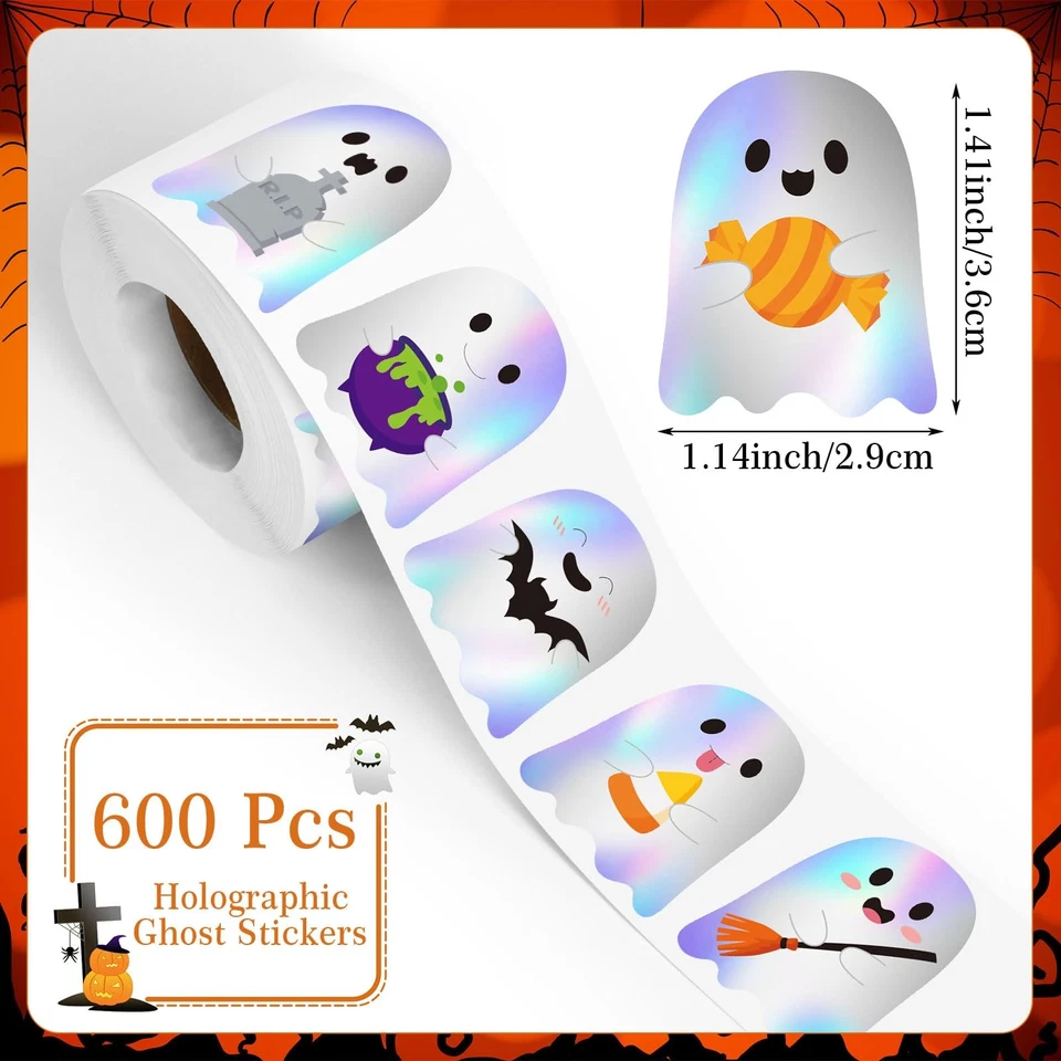 FEBSNOW Halloween Stickers for Kids 600Pcs Halloween Holographic Ghost Sticke... - Imagem 2 de 4