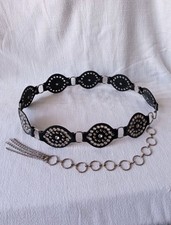 BOHO STUDDED BLACK LEATHER SILVER TONE METAL CHAIN BELT Adjustable 36L 36"-42" 