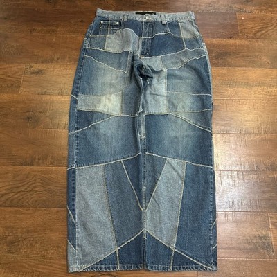 VTG VIBES Gold Label patchwork wide leg baggy mens jeans Y2K Distressed 38x34