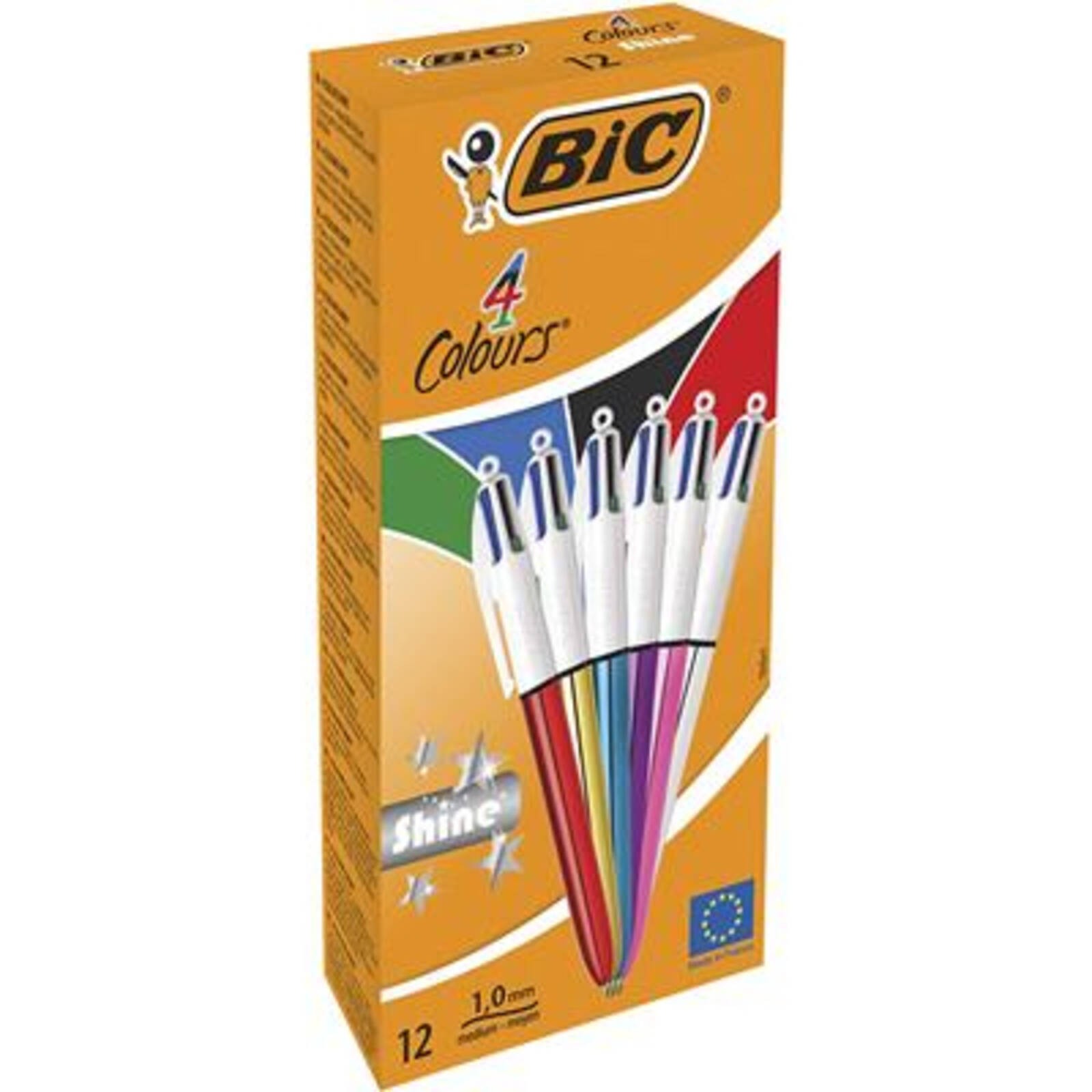 12 Pack of BIC Shine 4 Colours Retractable Ballpoint Pens - Assorted Colours (96