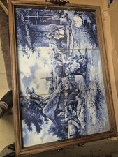 JCV HUNNIK Delft Tile Tray Oak Wood With Handles VGC Holland Blue White  VGC