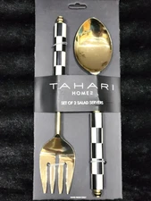 Black & White Checkered Salad Server Set Serving Spoon Fork Gold Tone Tahari New