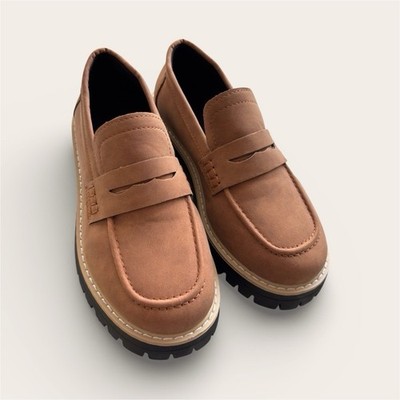 Brown Women's Synthetic Loafer Flats, Slip On, Rubber Sole, Round Toe, EU 36