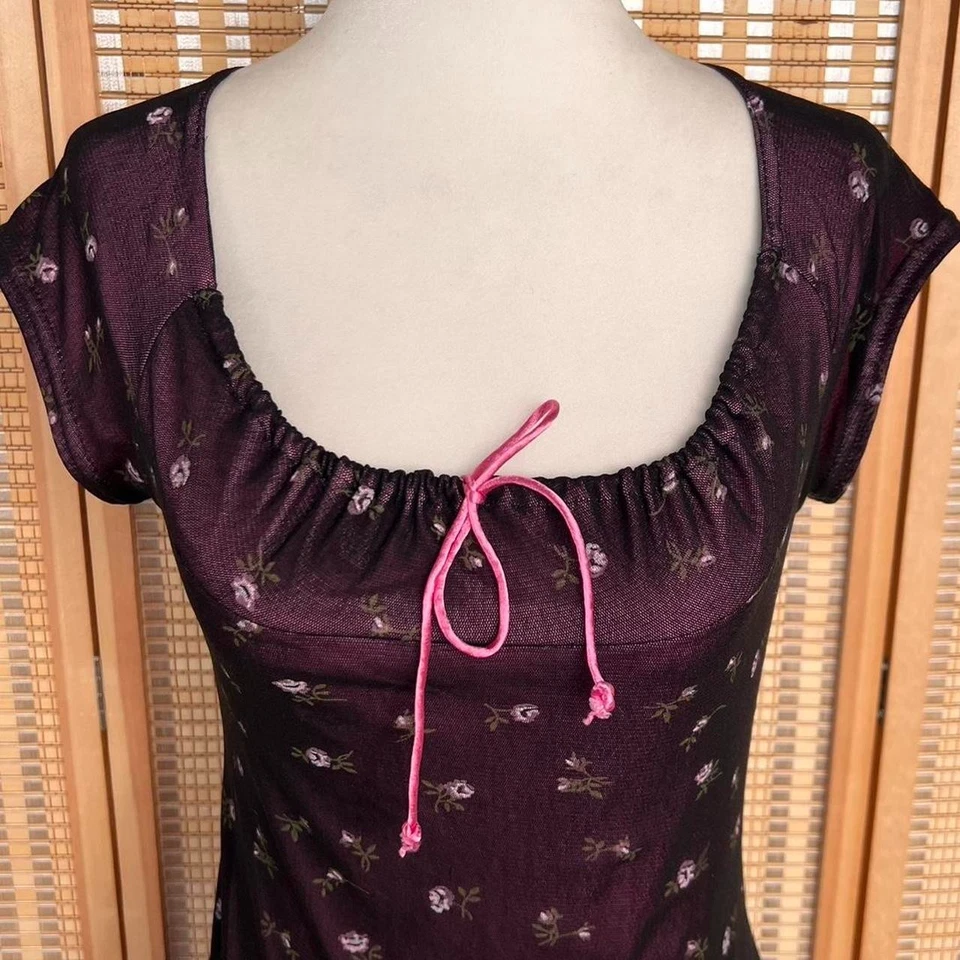 Vestido vintage años 90 My Michelle negro y rosa malla floral manga gorra talla S Foto 2 de 4