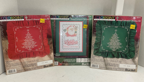 3 COLORPOINT PAINT STITCHING KITS~2 CHRISTMAS TREE PILLOWS & SANTA IN ...