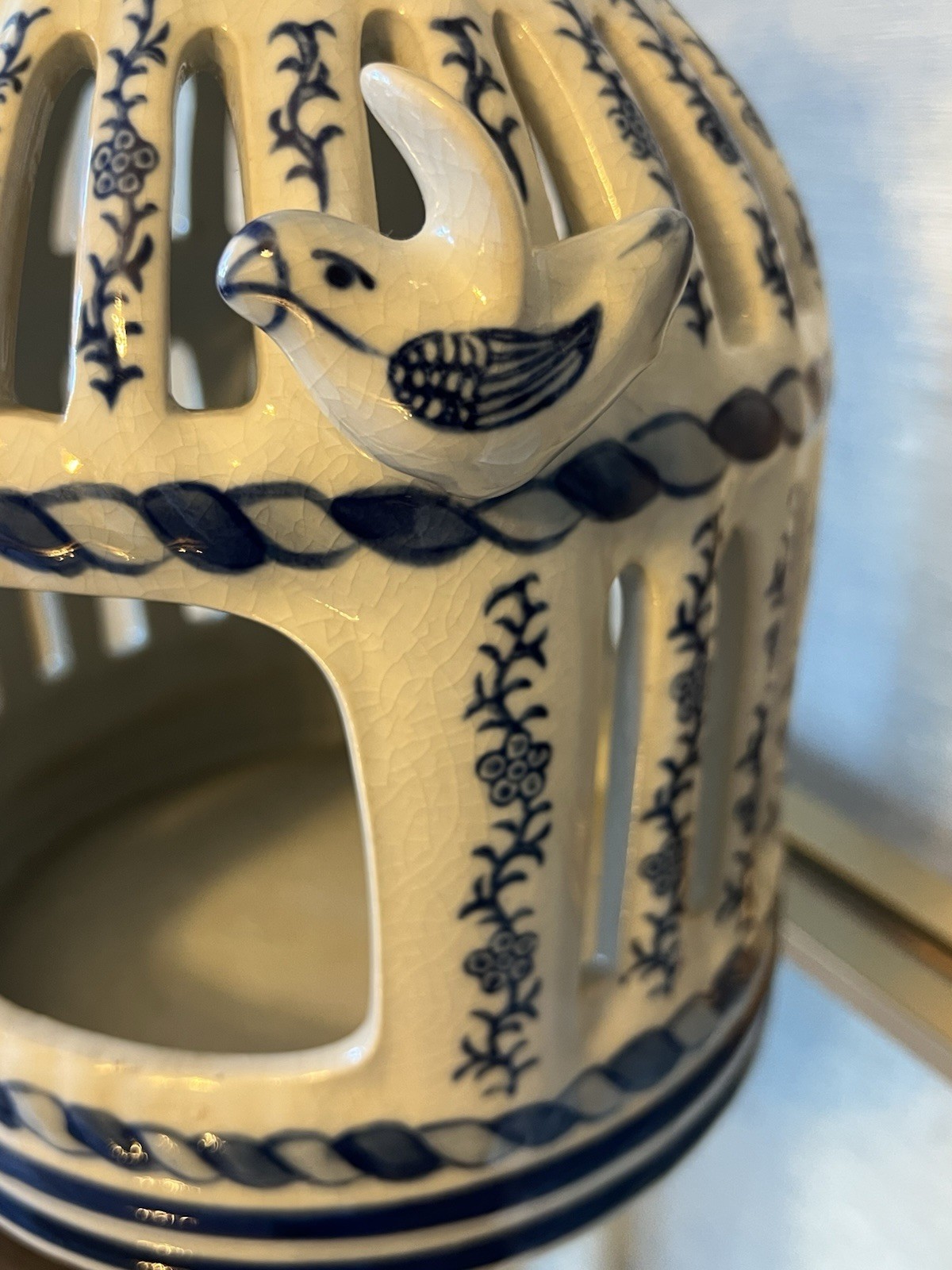 XL Chinoiserie Blue And White Bird Cage Vintage