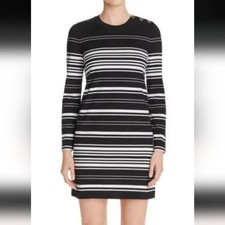 Tori Burch Marianna Black & White Striped Cotton Long Sleeve Preppy Mini Dress S