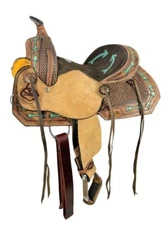Youth Hard Seat Western Saddle with Teal Arrow Accents Full QH Bars 12" NEW